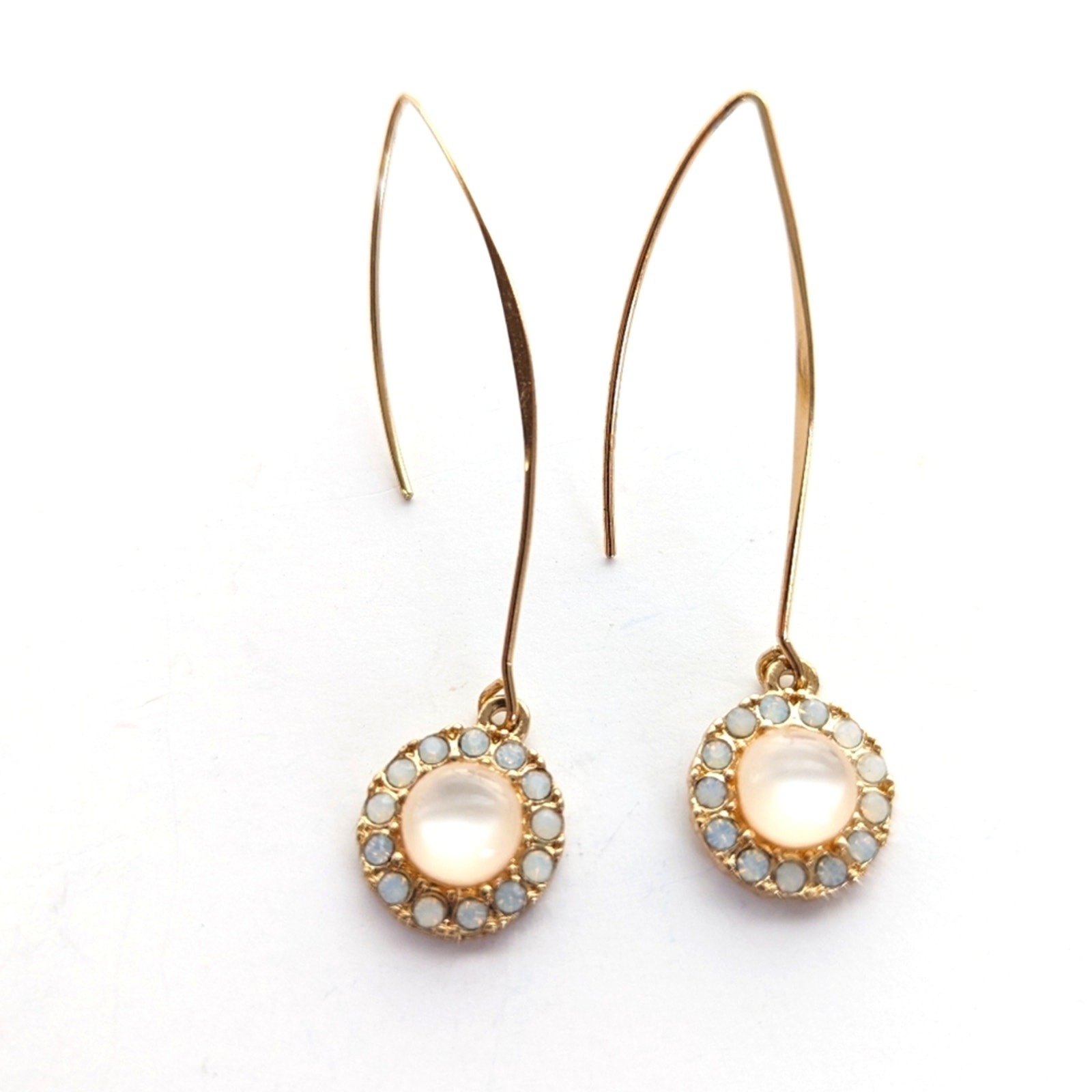 Gold Tone Moon Glow Thermoset Cabochon Faux Stone Halo Hammered Boho Ear Hook